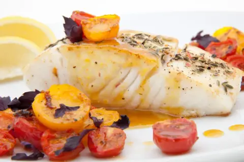 Pyszny halibut ryba, pieczony z pomidorkami koktajlowymi i ziołami, podany z plasterkami cytryny.
