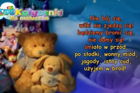 Pluszowe misie i króliczek na tle nocnego nieba z tekstem piosenki.