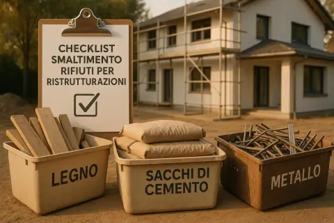 Checklist per lo smaltimento rifiuti edili in cantiere: legno, sacchi di cemento e metallo.