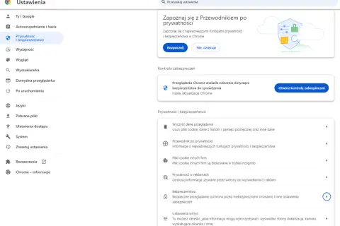 Ustawienia prywatności i bezpieczeństwa w Chrome. Przeglądarka ostrzega o niebezpieczna strona i oferuje kontrolę zabezpieczeń.