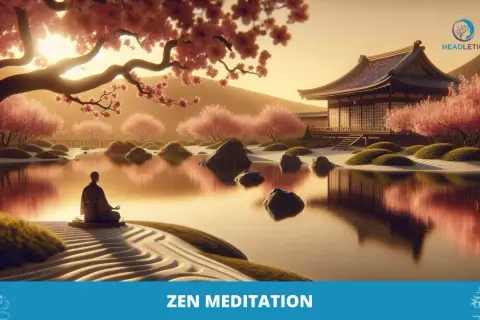 Eine Person praktiziert Zazen Meditation an einem ruhigen Teich mit Kirschblütenbäumen und einem traditionellen japanischen Gebäude.