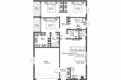 Planos de casas de 150m2 en una planta con garaje. Incluye 4 dormitorios, 2 baños, vestidor, terrazas y salón-comedor-cocina.