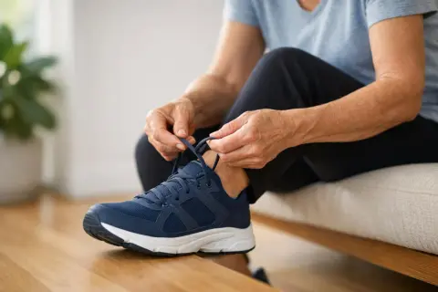 Mani anziane allacciano scarpe blu, affrontando la mancanza equilibrio gambe per un passo sicuro.