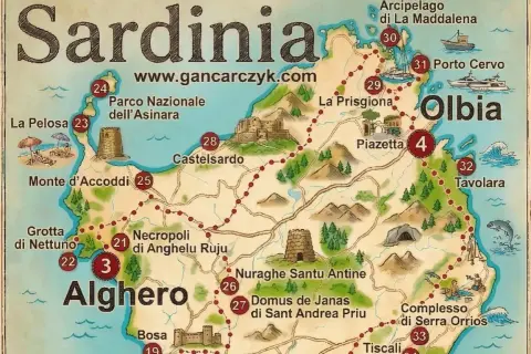 Mapa Sardynii z zaznaczonymi atrakcjami, idealna do planowania podróży: sardynia top 10 miejsc.