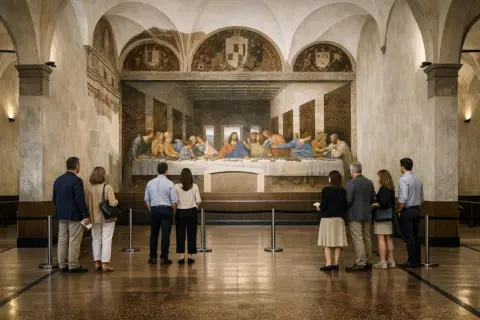 Ostatnia Wieczerza. Tłum turystów z biletami podziwia słynny fresk Leonarda da Vinci.
