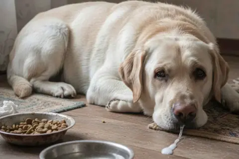 Labrador triste y enfermo, con espuma saliendo de su boca. Parece que mi perro no para de vomitar.