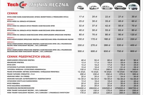 Cennik usług myjni ręcznej Techcar: mycie detailingowe, wosk, polerowanie, pranie tapicerki i inne. Ceny zależą od klasy samochodu.