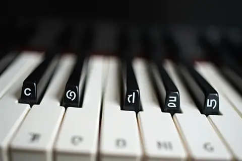 Zbliżenie na klawisze pianina z literami i cyframi, pokazujące, jak podpisać klawisze na pianinie.