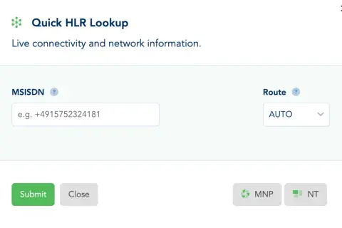 Formularz "Quick HLR Lookup" z polem na wpisanie numeru MSISDN, np. +4915752324181, i wyborem trasy AUTO.