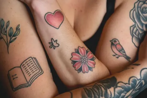 Viele kleine Tattoos am Arm eines Mannes: ein Herz, ein Vogel, eine Blume, ein Buch und Zweige.