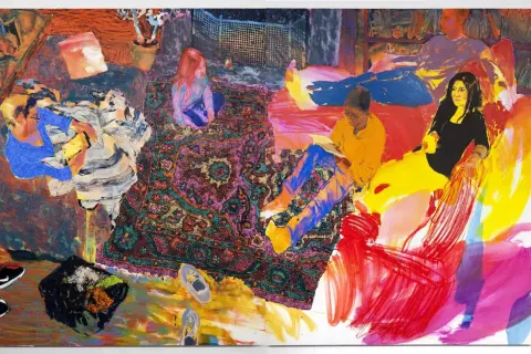 Vibrant contemporary figurative art depicts a family gathered in a colorful living room, with a child reading on a patterned rug.