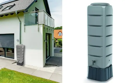 Modernos inventos para recoger agua de lluvia, un depósito gris junto a una casa y otro similar aislado.