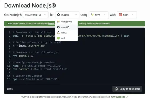 Instructions pour installer Node.js sur Ubuntu via nvm. Le code montre le téléchargement et l'installation de nvm, puis de Node.js.