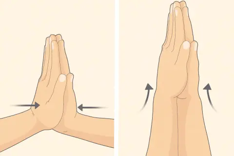 Mani giunte in preghiera, con frecce che indicano come scrocchiare il polso con una leggera pressione.