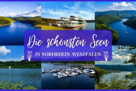 Schöne Seen in NRW laden zum Spazieren gehen ein. Die Collage zeigt verschiedene Wasserlandschaften mit Booten und grünen Ufern.