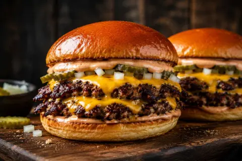 Zwei saftige, smashed burger mit geschmolzenem Käse, Gurken und Zwiebeln auf einem Holzbrett.