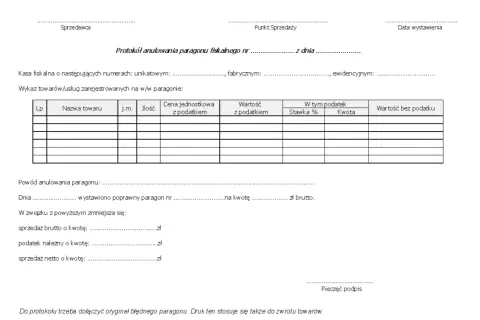 Protokół anulowania paragonu fiskalnego. Dokument zawiera dane sprzedawcy, punktu sprzedaży, wykaz towarów i powód anulowania paragonu po wydruku.