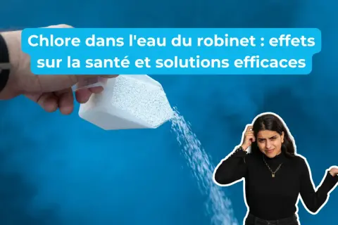 Main qui verse du chlore, une femme perplexe. Le texte parle de l'effet du chlore sur l'organisme et des solutions.