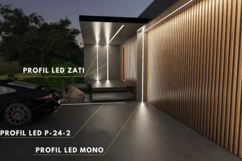 Nowoczesna willa z eleganckim oświetleniem. Profil LED w podbitce podkreśla architekturę, a pionowe linie światła na drewnianej elewacji tworzą przytulną atmosferę.