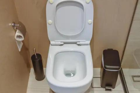 WC bianco con tavoletta alzata, scopino, portarotolo e cestino. La distanza scarico wc dal muro sembra adeguata per un uso confortevole.