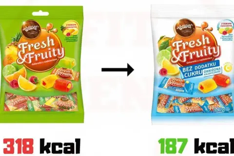 Porównanie opakowań galaretek Fresh&Fruity: tradycyjne (318 kcal) i bez dodatku cukru (187 kcal).