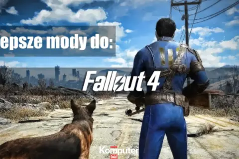 Najlepsze mody do Fallout 4: postać w niebieskim kombinezonie z psem na tle postapokaliptycznego krajobrazu.