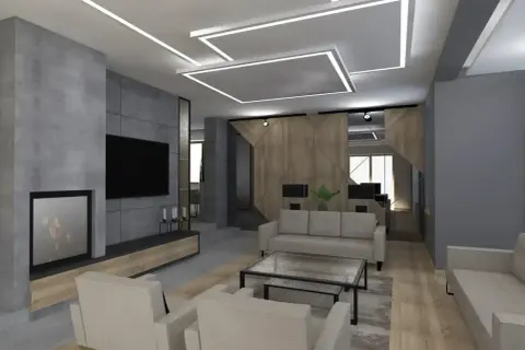 Nowoczesny salon z betonową ścianą, kominkiem i telewizorem. Stylowe **oświetlenie punktowe bez sufitu podwieszanego** tworzy unikalny klimat.