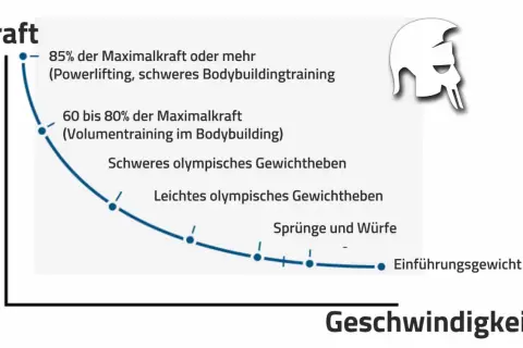Kurve zeigt: Hohe Kraft (85%+) für Muskelaufbau durch schweres Bodybuildingtraining, geringere Kraft für Geschwindigkeit.