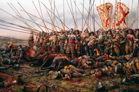 Los tercios españoles, con sus picas alzadas, enfrentan la batalla. Caídos y caballos yacen en el campo, testigos del fragor.