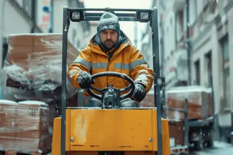 Mężczyzna w żółtej kurtce i czapce kieruje wózkiem widłowym na tle zaśnieżonej ulicy. Jego odzież do pracy w niskich temperaturach chroni go przed zimnem.
