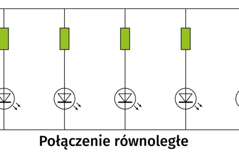 Schemat połączenia równoległego rezystorów z diodami LED. Pokazuje, jak podłączyć rezystor kierunkowskazów LED.