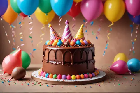 En härlig chokladtårta med färgglada partyhattar och dekorationer, perfekt för en barnkalas. Ballonger och konfetti skapar en festlig stämning.