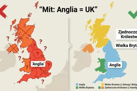 Podział administracyjny Anglii i Wielkiej Brytanii. Mapa pokazuje błędne utożsamianie Anglii z UK.