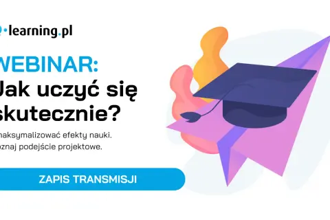 Webinar "Jak uczyć się skutecznie?" od Q-learning.pl. Grafika z biretem i kolorowymi kształtami symbolizuje e-lerning i sukcesy w nauce.