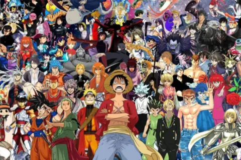 Un collage de personnages de manga célèbres, incluant Luffy, Naruto et Goku, qui pourraient figurer dans le top 20 des meilleurs manga.