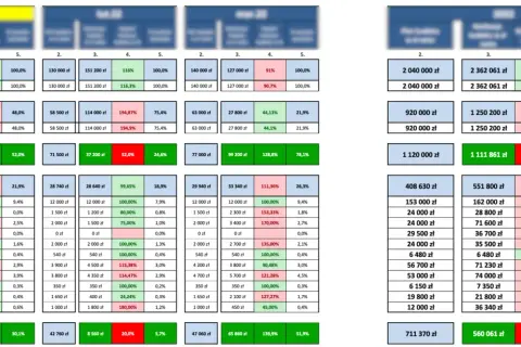 Tabela przedstawia dane finansowe firmy, w tym budżet firmy, z podziałem na miesiące i kategorie.