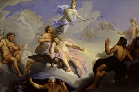 Atena bogini w hełmie i z tarczą unosi się na chmurach, otoczona przez innych bogów i postacie mitologiczne.