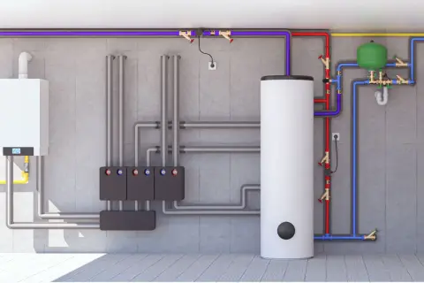 Heizungsanlage mit Boiler, Ausdehnungsgefäß und Rohrsystem. Die sicherheitsgruppe trinkwasser ist Teil des komplexen Systems.