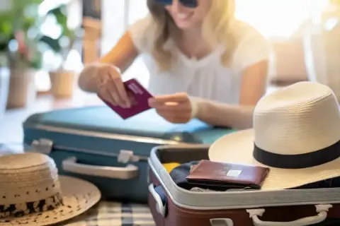 Kobieta pakuje walizkę, trzymając paszport. Czas oczekiwania na paszport dobiega końca, wakacje tuż-tuż!