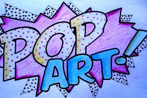 Kolorowe, łatwe rysunki w stylu pop art z napisem "POP ART!" na tle wybuchu w komiksowym stylu.