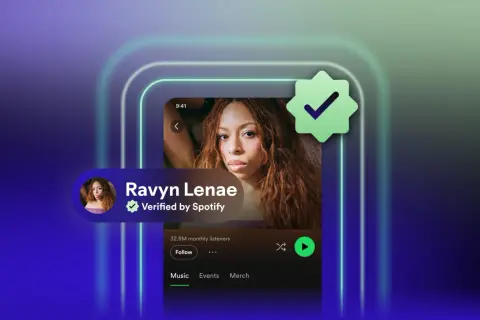 Learn how to get verified on Spotify with this visual guide. The image shows Ravyn Lenae's verified Spotify profile, highlighting the blue checkmark.