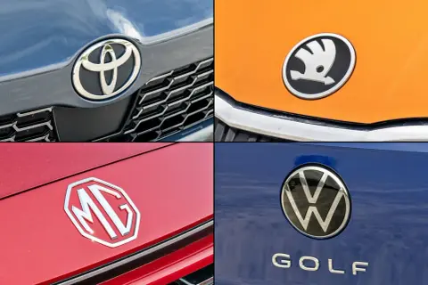 Logo Toyota, Škoda, MG i Volkswagen Golf. Kolekcja nowych marek samochodów.