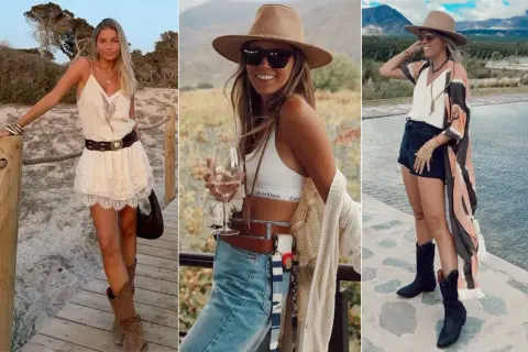 Estilo boho chic: tres mujeres con sombreros, vestidos vaporosos, shorts y botas, capturando la esencia libre y bohemia.