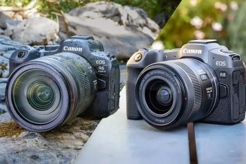 Comparaison des appareils photo Canon R8 et R6 Mark II, deux reflex numériques prêts pour l'aventure en extérieur.