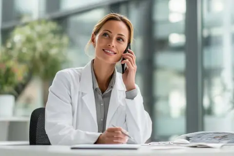 Kobieta w białym kitlu rozmawia przez telefon, siedząc przy biurku.