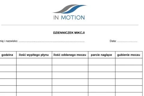 Dzienniczek mikcji do zapisywania ilości wypitego płynu, oddanego moczu, parć naglących i gubienia moczu.