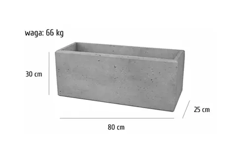 Szary betonowy prostokątny kwietnik o wadze 66 kg. Wymiary bloczków betonowych: 80 cm długości, 30 cm wysokości, 25 cm szerokości.