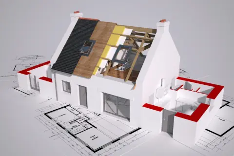 Model domu z przekrojem dachu pokazującym izolację, na tle planów architektonicznych.