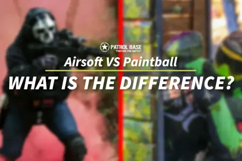 Dos jugadores enmascarados, uno con humo rojo, listos para la acción. ¿Cuál es la diferencia entre paintball y airsoft?