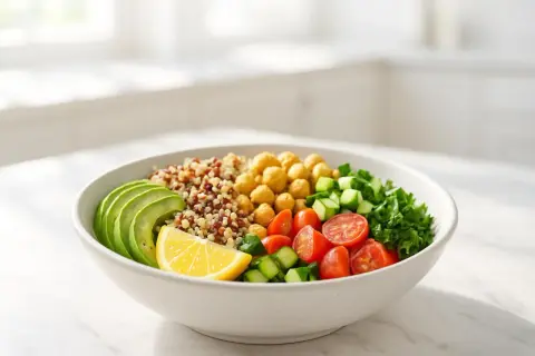 Una ciotola colorata con quinoa, ceci, pomodorini, cetrioli, lattuga e avocado. Perfetta per il tuo sgarro settimanale, aiuta il metabolismo.